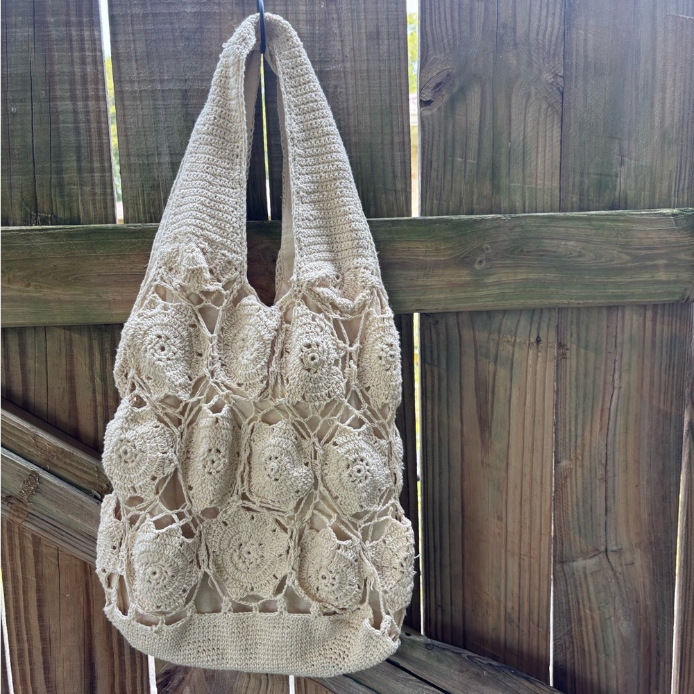 Granny Squares Crochet Fully Lined Ivory Tote Shoulder Bag - Picture 7 of 8